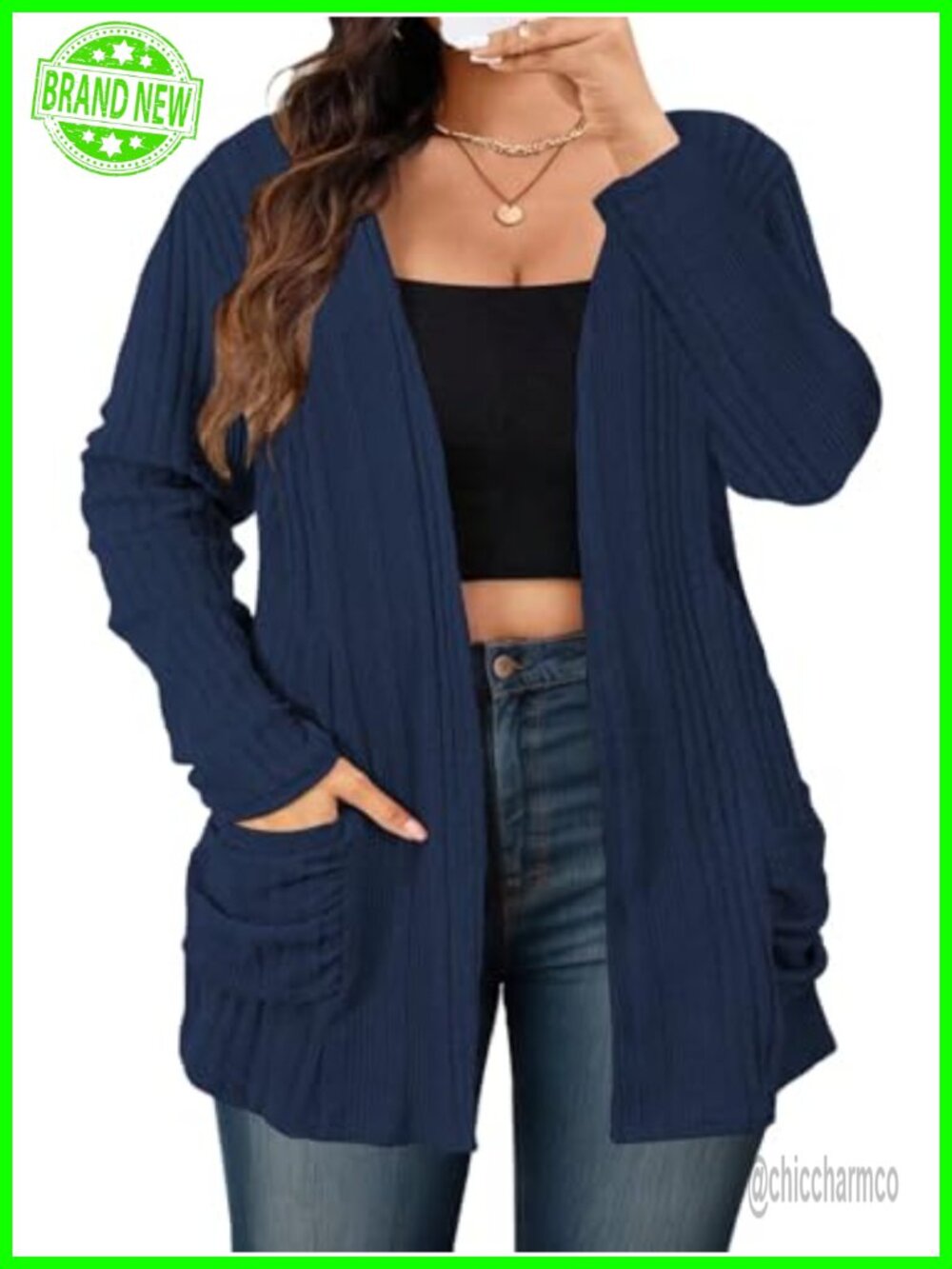 Plus Size Open Front Cardigan Lightweight Long Sleeve Sweater with Pockets